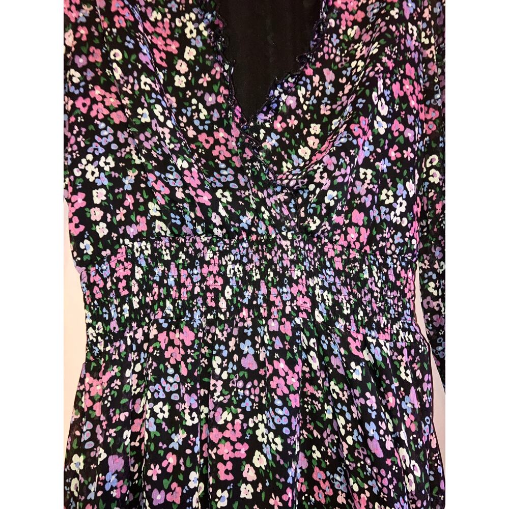 Savida Black Floral Smocked Tiered Ruffle Long Sleeve Mini Dress Size Medium - Picture 7 of 8